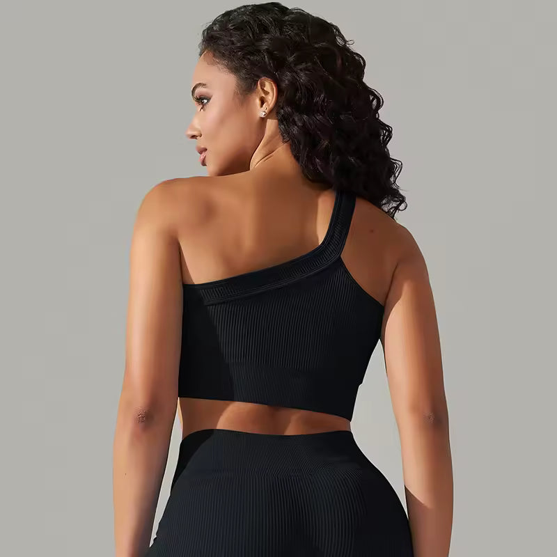 One Shoulder Crop Top High Waist Leggings Ribbed Two Piece Set Mssza