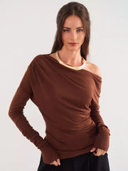 Casual One-Shoulder Ruched Street Wear Long Sleeve T-shirt Mssza