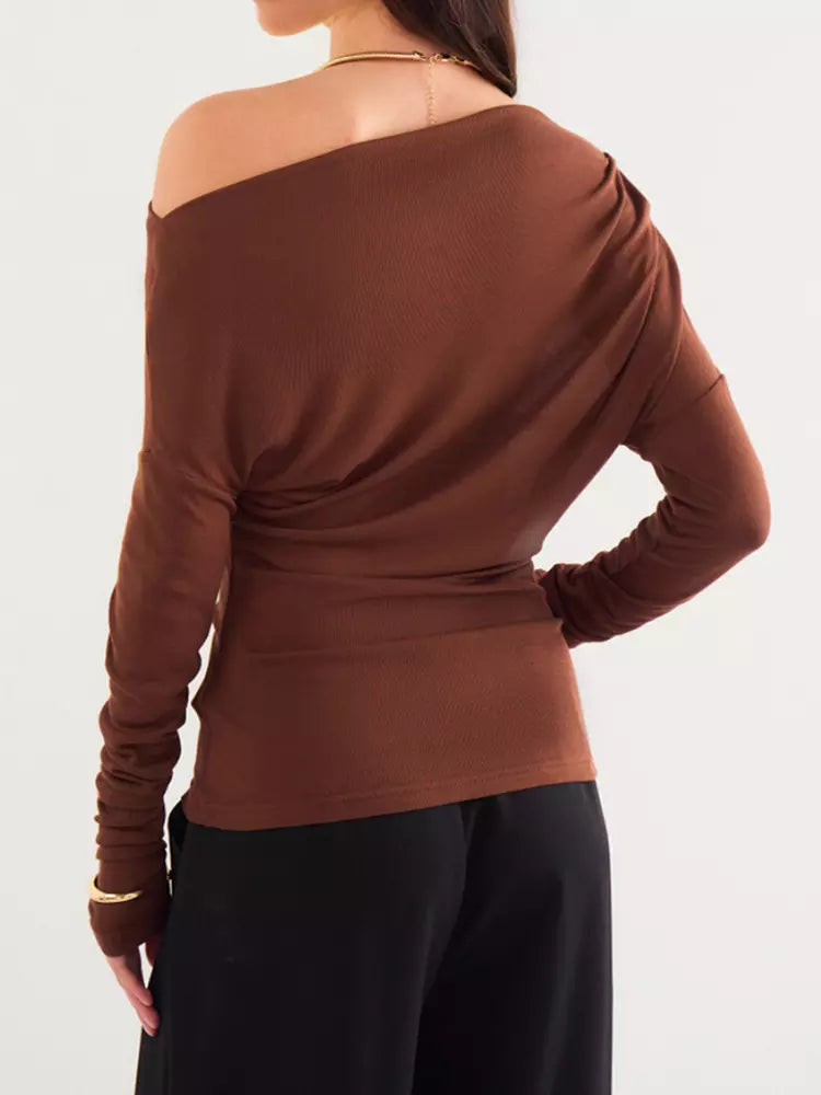 Casual One-Shoulder Ruched Street Wear Long Sleeve T-shirt Mssza