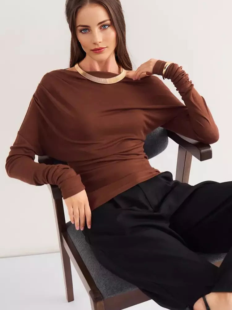 Casual One-Shoulder Ruched Street Wear Long Sleeve T-shirt Mssza
