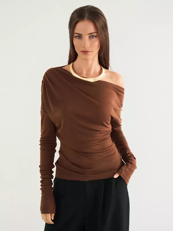 Casual One-Shoulder Ruched Street Wear Long Sleeve T-shirt Mssza