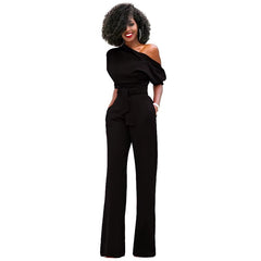 Casual One Shoulder Slash Neck Button Full Length Wide Legs Jumpsuit Mssza