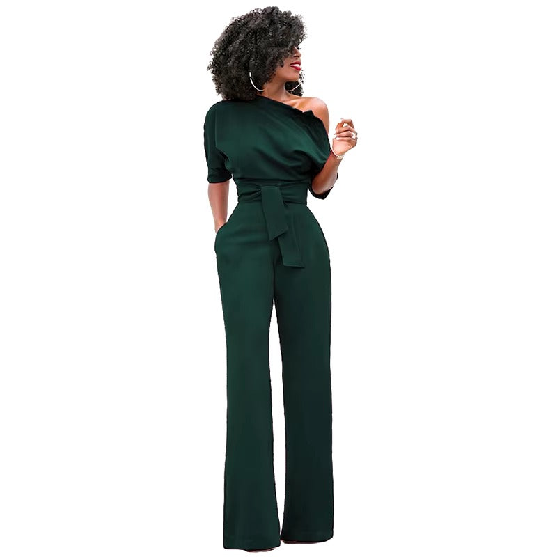 Casual One Shoulder Slash Neck Button Full Length Wide Legs Jumpsuit Mssza