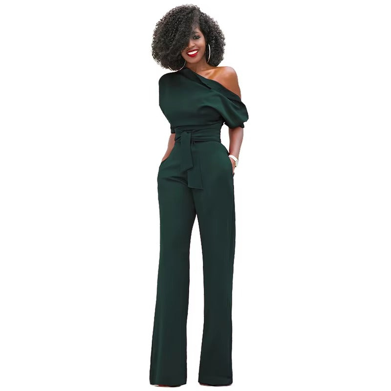 Casual One Shoulder Slash Neck Button Full Length Wide Legs Jumpsuit Mssza