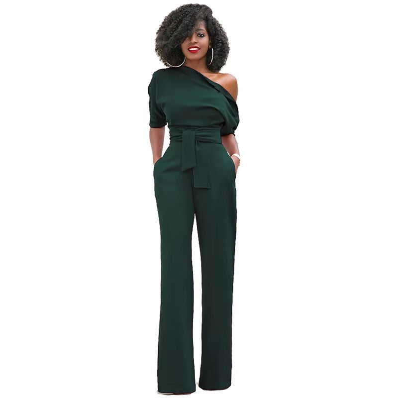 Casual One Shoulder Slash Neck Button Full Length Wide Legs Jumpsuit Mssza