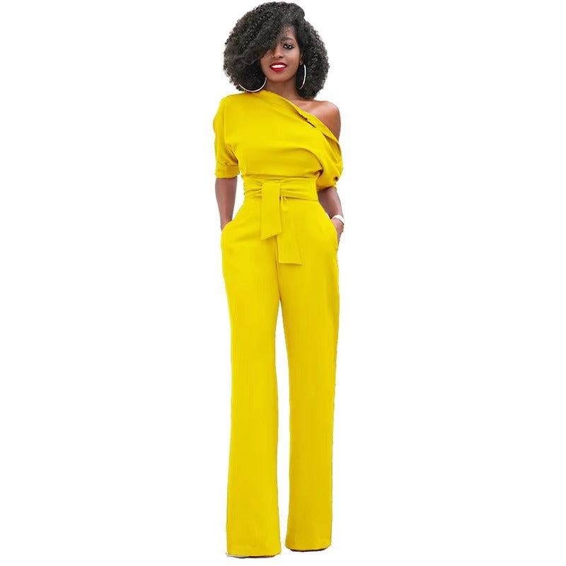 Casual One Shoulder Slash Neck Button Full Length Wide Legs Jumpsuit Mssza