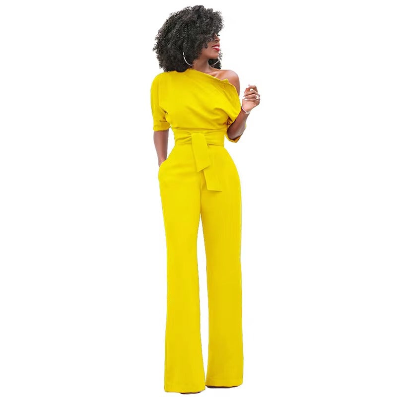 Casual One Shoulder Slash Neck Button Full Length Wide Legs Jumpsuit Mssza