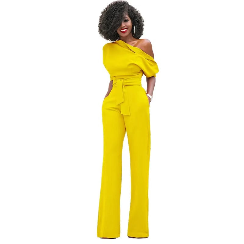 Casual One Shoulder Slash Neck Button Full Length Wide Legs Jumpsuit Mssza