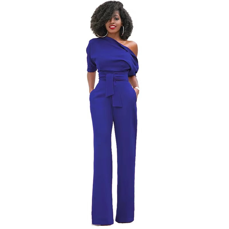 Casual One Shoulder Slash Neck Button Full Length Wide Legs Jumpsuit Mssza