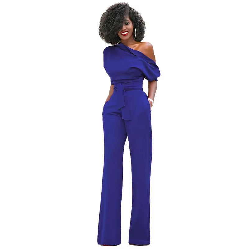 Casual One Shoulder Slash Neck Button Full Length Wide Legs Jumpsuit Mssza