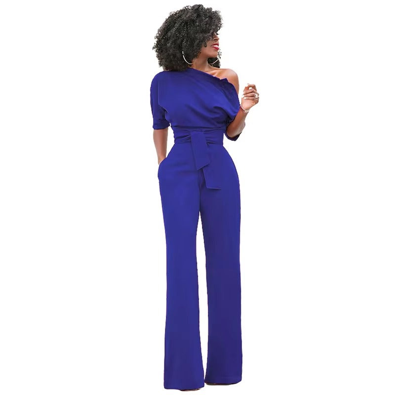 Casual One Shoulder Slash Neck Button Full Length Wide Legs Jumpsuit Mssza