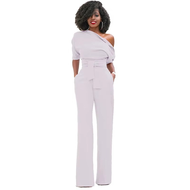 Casual One Shoulder Slash Neck Button Full Length Wide Legs Jumpsuit Mssza