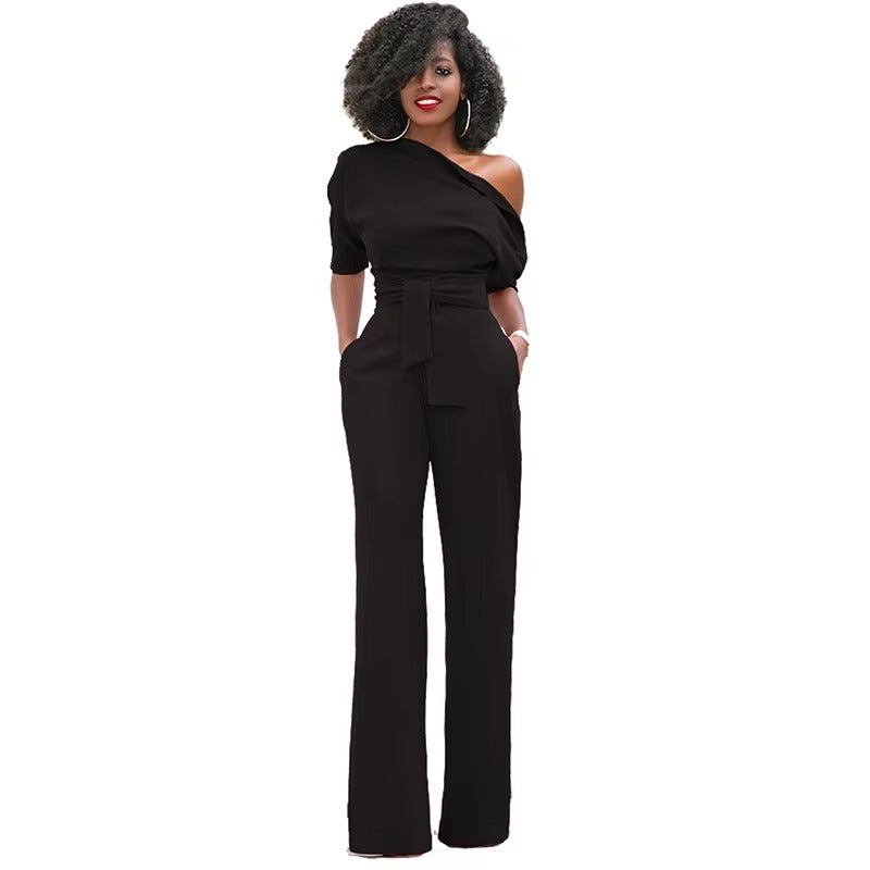 Casual One Shoulder Slash Neck Button Full Length Wide Legs Jumpsuit Mssza
