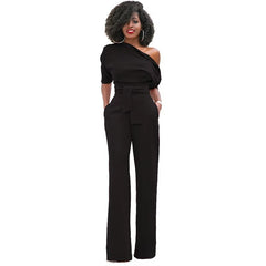 Casual One Shoulder Slash Neck Button Full Length Wide Legs Jumpsuit Mssza