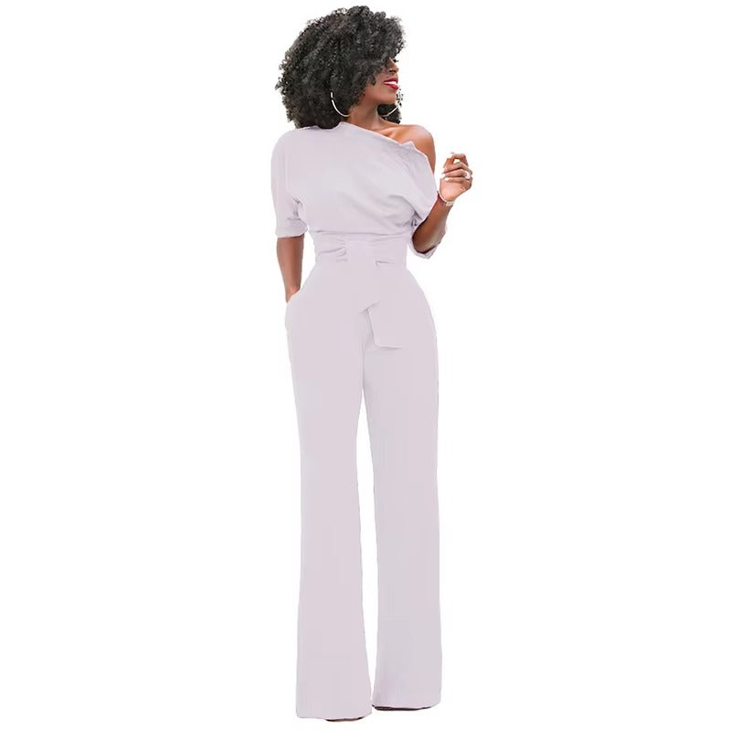 Casual One Shoulder Slash Neck Button Full Length Wide Legs Jumpsuit Mssza