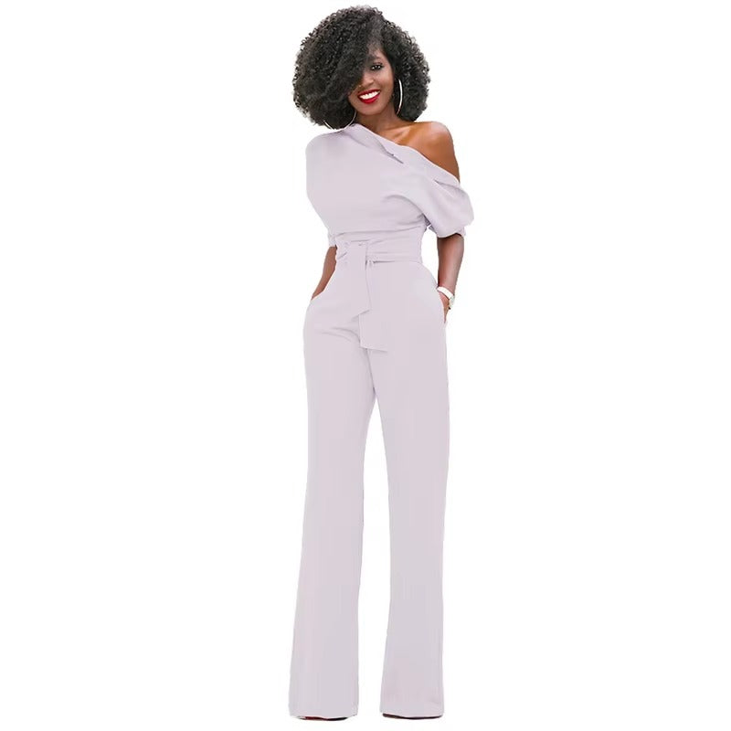 Casual One Shoulder Slash Neck Button Full Length Wide Legs Jumpsuit Mssza
