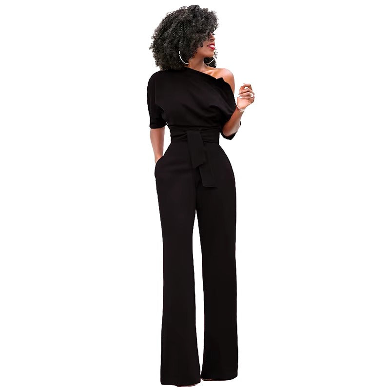 Casual One Shoulder Slash Neck Button Full Length Wide Legs Jumpsuit Mssza