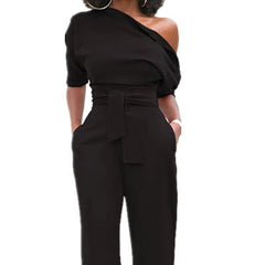 Casual One Shoulder Slash Neck Button Full Length Wide Legs Jumpsuit Mssza
