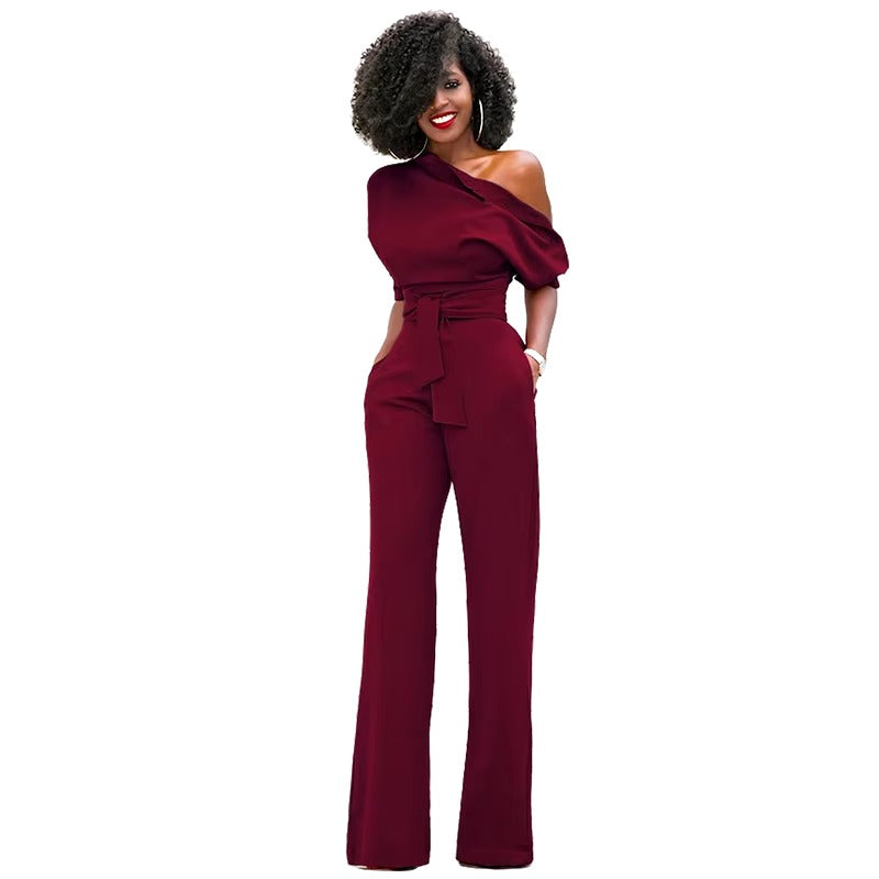 Casual One Shoulder Slash Neck Button Full Length Wide Legs Jumpsuit Mssza