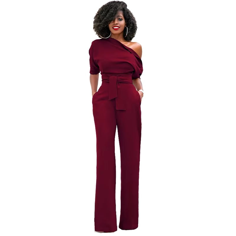 Casual One Shoulder Slash Neck Button Full Length Wide Legs Jumpsuit Mssza