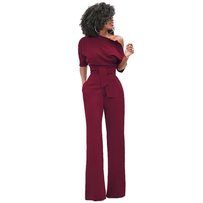 Casual One Shoulder Slash Neck Button Full Length Wide Legs Jumpsuit Mssza
