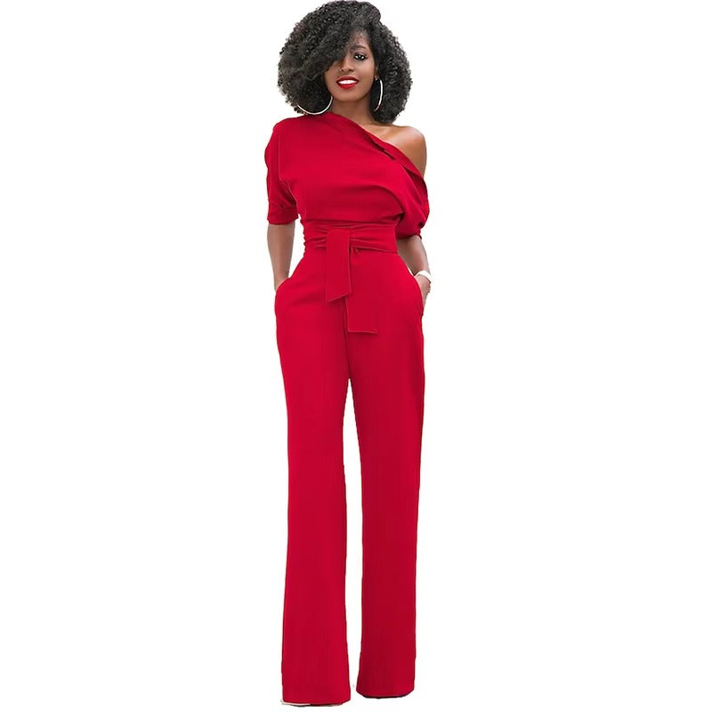 Casual One Shoulder Slash Neck Button Full Length Wide Legs Jumpsuit Mssza