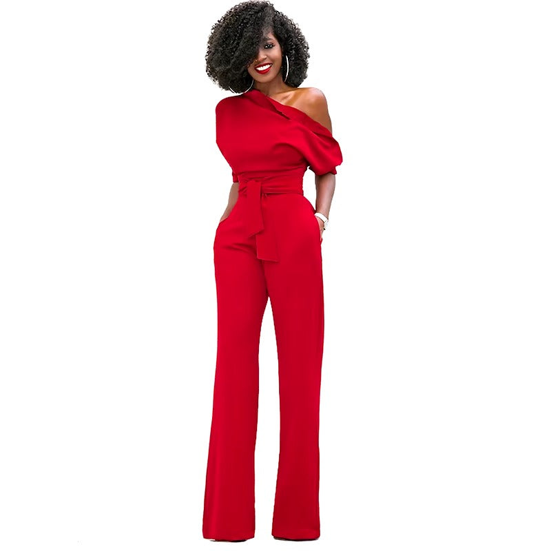 Casual One Shoulder Slash Neck Button Full Length Wide Legs Jumpsuit Mssza