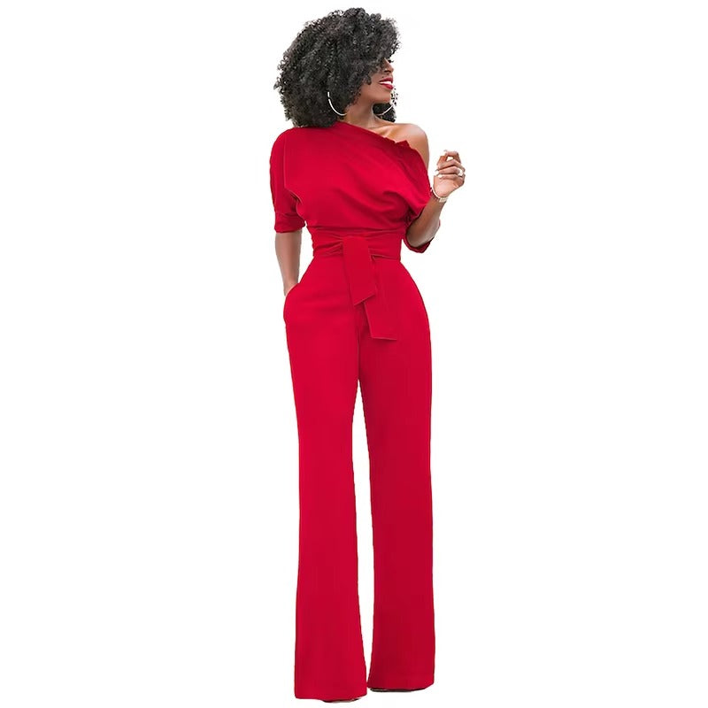 Casual One Shoulder Slash Neck Button Full Length Wide Legs Jumpsuit Mssza