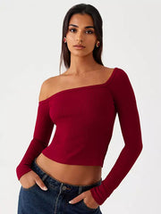 Casual One-Shoulder Solid Color Asymmetrical Long Sleeve T-shirt Mssza