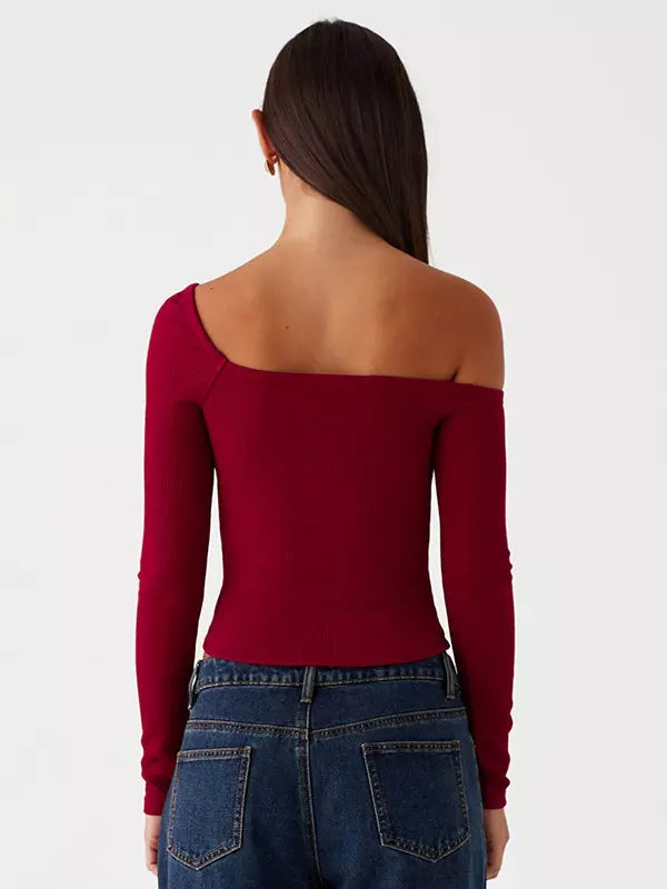 Casual One-Shoulder Solid Color Asymmetrical Long Sleeve T-shirt Mssza