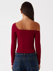 Casual One-Shoulder Solid Color Asymmetrical Long Sleeve T-shirt Mssza