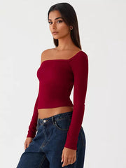 Casual One-Shoulder Solid Color Asymmetrical Long Sleeve T-shirt Mssza
