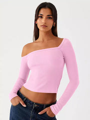Casual One-Shoulder Solid Color Asymmetrical Long Sleeve T-shirt Mssza