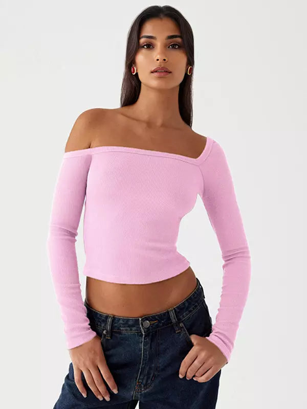 Casual One-Shoulder Solid Color Asymmetrical Long Sleeve T-shirt Mssza