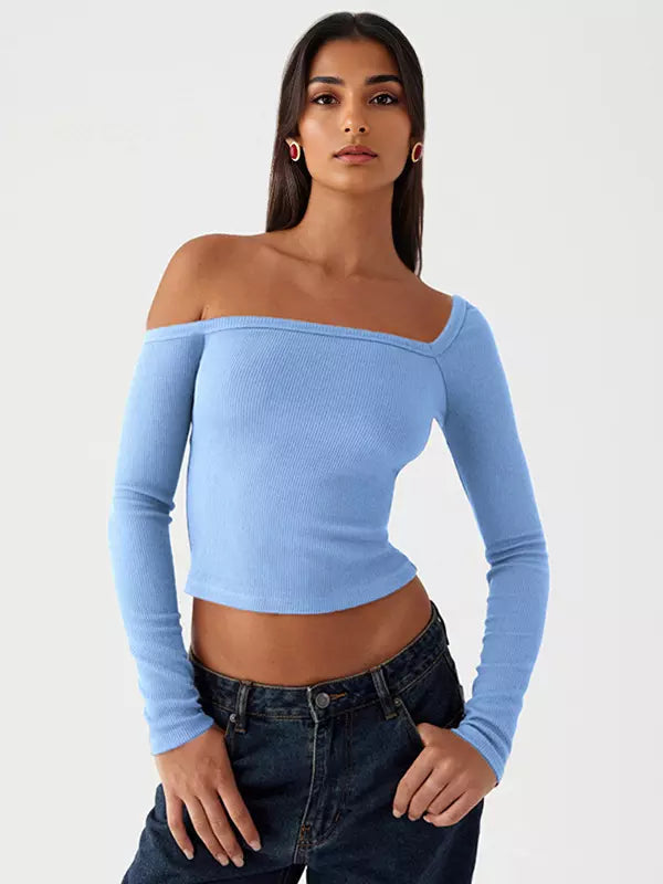 Casual One-Shoulder Solid Color Asymmetrical Long Sleeve T-shirt Mssza