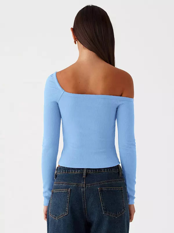 Casual One-Shoulder Solid Color Asymmetrical Long Sleeve T-shirt Mssza