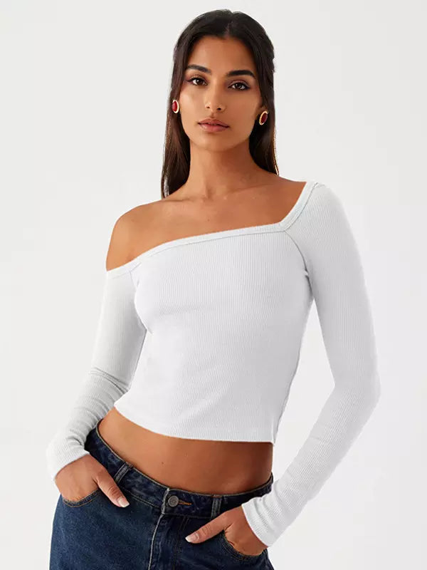Casual One-Shoulder Solid Color Asymmetrical Long Sleeve T-shirt Mssza