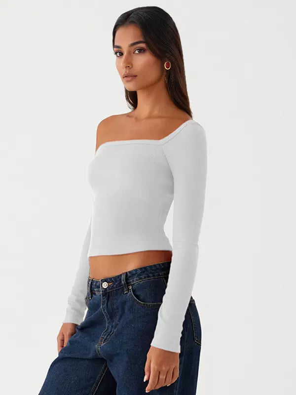 Casual One-Shoulder Solid Color Asymmetrical Long Sleeve T-shirt Mssza