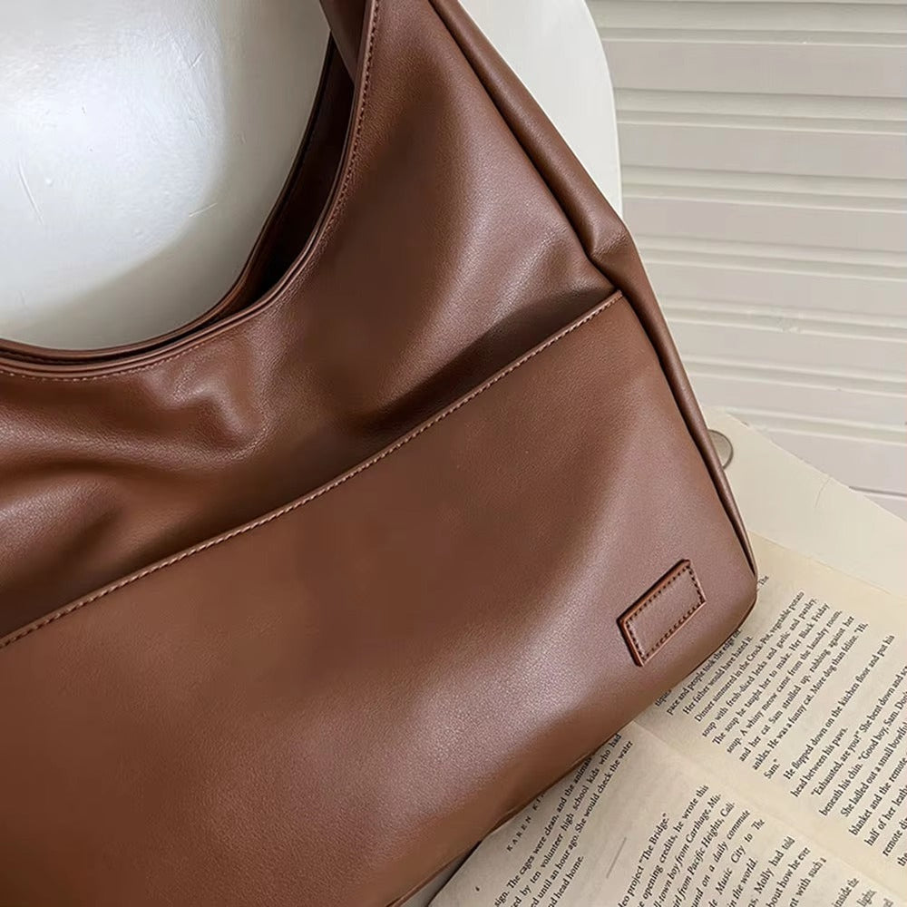 Casual PU Leather Large Capacity Retro Tote Soft Vintage Shoulder Bag Mssza