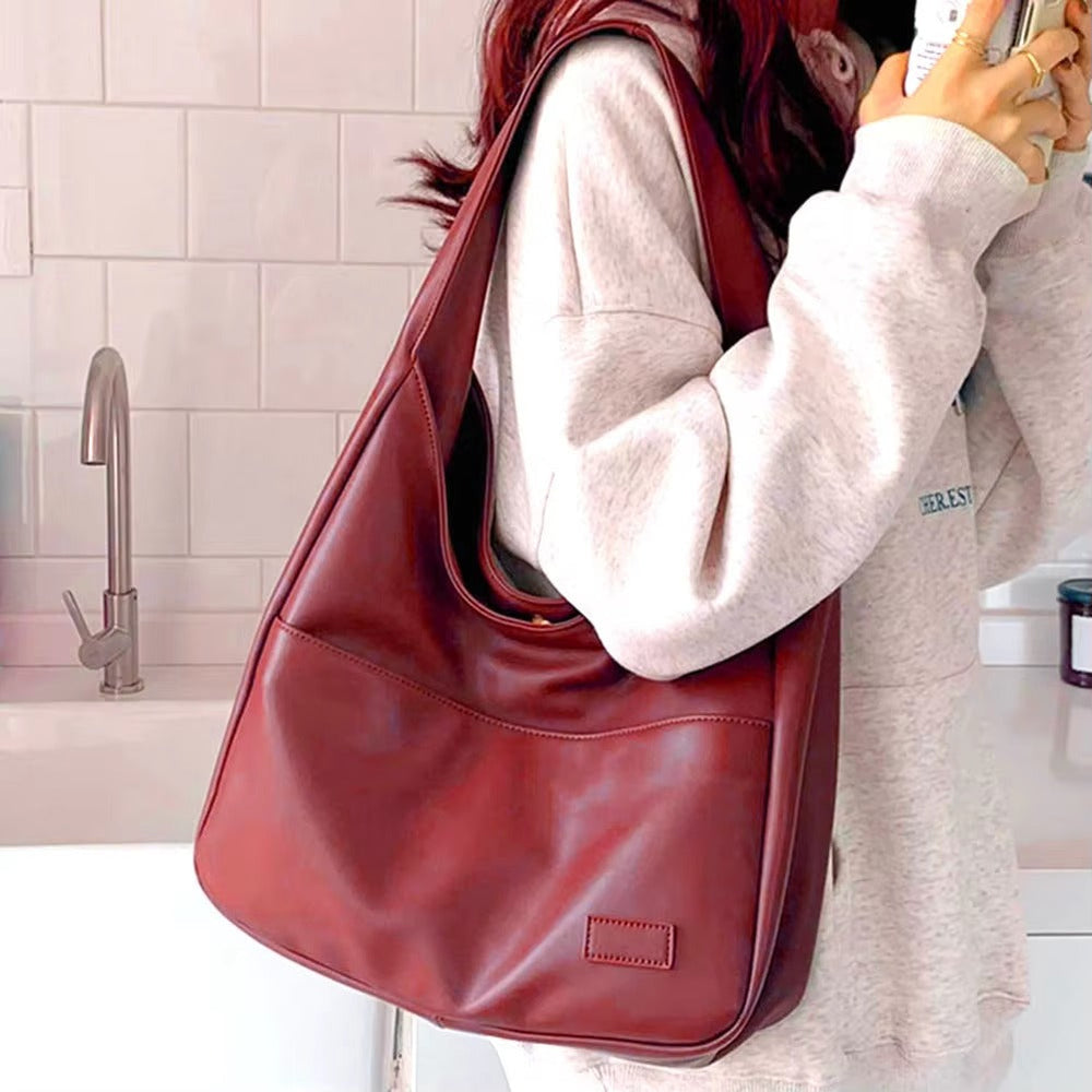 Casual PU Leather Large Capacity Retro Tote Soft Vintage Shoulder Bag Mssza