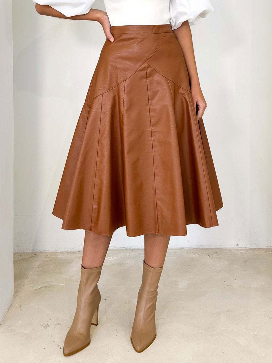 Casual PU Leather Raised Waist Mid-calf Length Street Wear Bottoms Skirts Mssza
