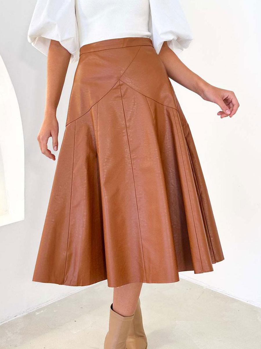 Casual PU Leather Raised Waist Mid-calf Length Street Wear Bottoms Skirts Mssza