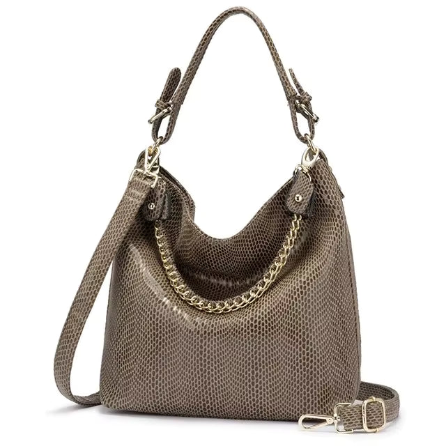 Casual PU Leather Shiny Serpentine Hobos Stylish Luxury Embossed Big Handbag Mssza
