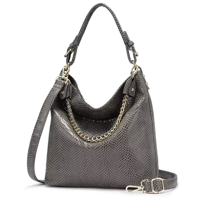 Casual PU Leather Shiny Serpentine Hobos Stylish Luxury Embossed Big Handbag Mssza