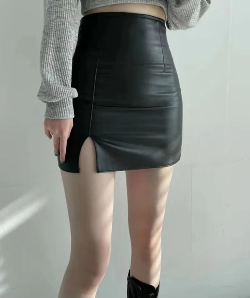 Casual PU Leather Skinny High Waist Side Split Hip Mini Skirt Mssza
