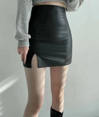 Casual PU Leather Skinny High Waist Side Split Hip Mini Skirt Mssza