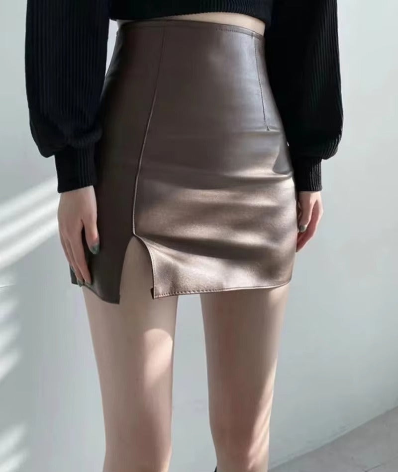 Casual PU Leather Skinny High Waist Side Split Hip Mini Skirt Mssza