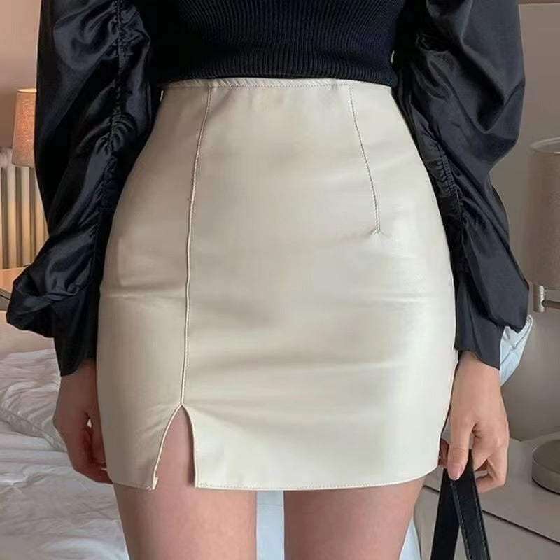 Casual PU Leather Skinny High Waist Side Split Hip Mini Skirt Mssza