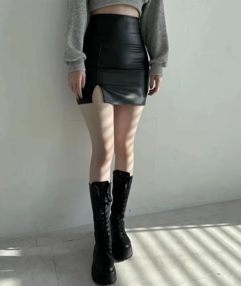 Casual PU Leather Skinny High Waist Side Split Hip Mini Skirt Mssza