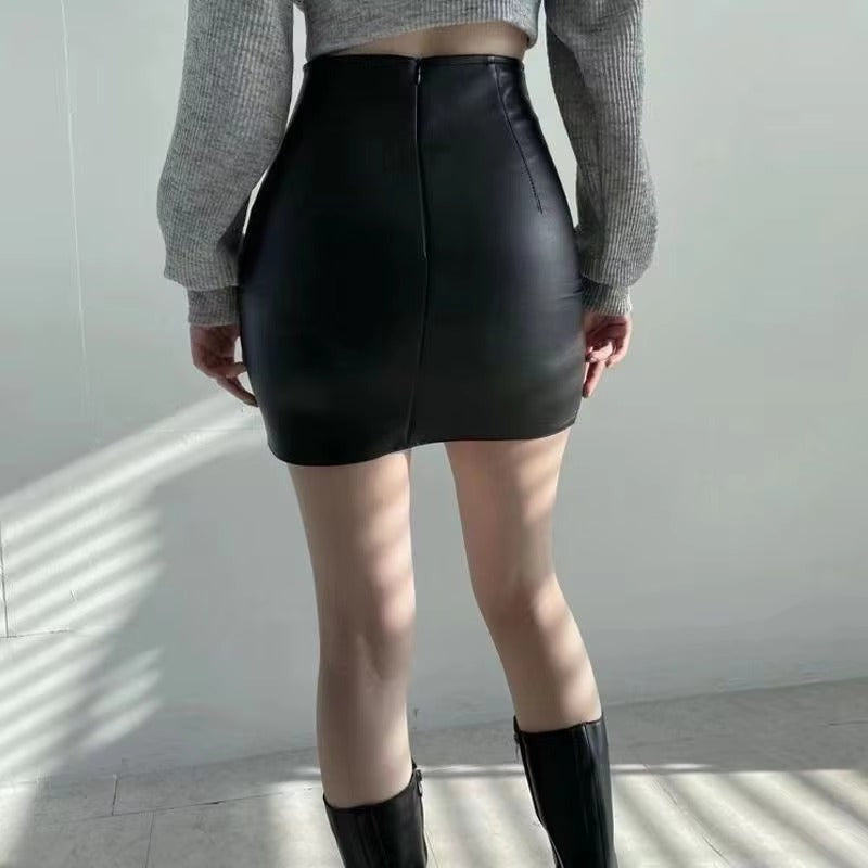 Casual PU Leather Skinny High Waist Side Split Hip Mini Skirt Mssza